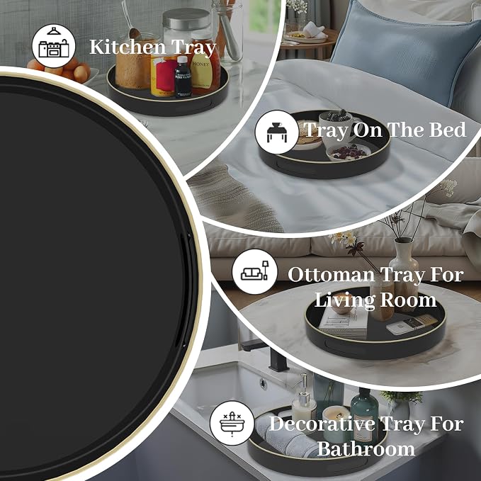 MAONAME 13" Black Decorative Tray, Plastic Round Serving Tray with Handles | Decorative Tray for Coffee Table, Modern Ottoman Tray, Circle Tea Tray, Round Melamine Tray for Living Room, Bathroom - Image 7