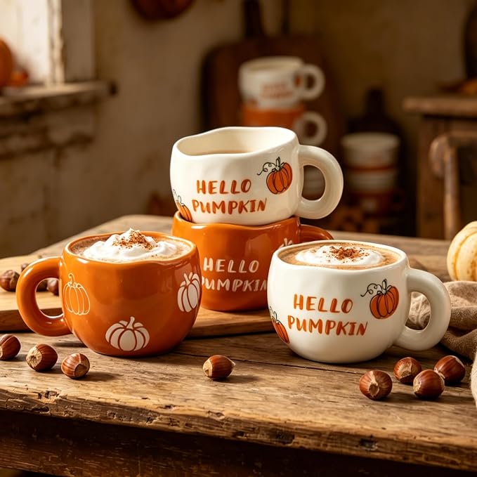 4pcs Ceramic Mugs Set, 9.4OZ Cute Coffee Cup Set, Hello Pumpkin Design, Dishwasher Safe, Gift for Fall/Halloween/Thanksgiving (Pumpkin) - Image 6