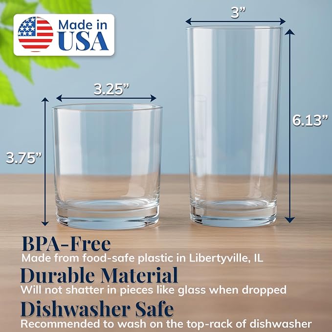 US Acrylic Classic Clear Plastic Reusable Drinking Glasses (Set of 8) 12oz Rocks & 16oz Water Cups | BPA-Free Tumblers, Made in USA | Top-Rack Dishwasher Safe - Image 2