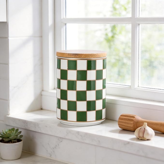 Kitchen Countertop Ceramic Checkered Canisters,Black And White Food Storage Containers With Lid,Airtight Kitchen Canisters for Flour, Sugar, Coffee, Tea, and Dry Goods (Green, Small) - Image 6