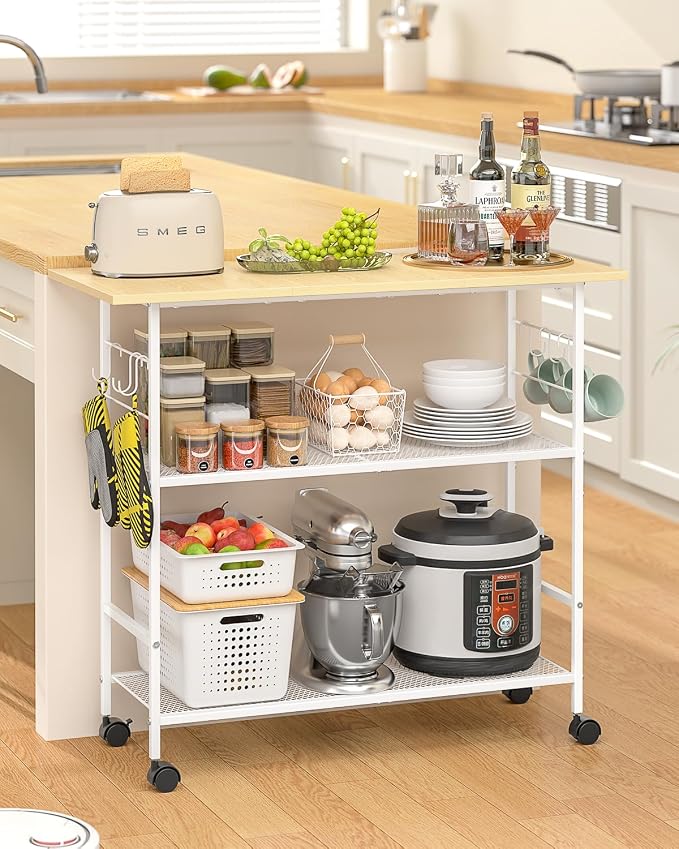 Kitchen Island with 3 Shelves, Rolling Kitchen Cart with 6 Hooks and Protective Shelf, Microwave Stand on Lockable Wheels, Bakers Rack Coffee Bar for Dining, Living Room, Outdoor, Metal Frame, White - Image 8