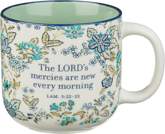 Christian Art Gifts Large Novelty Inspirational Microwave & Dishwasher Safe Ceramic Coffee & Tea Mug for Women: Meries are New Encouraging Scripture, Easy Hold Handle, White & Teal Blue Floral, 14 oz by ChristianArtGifts