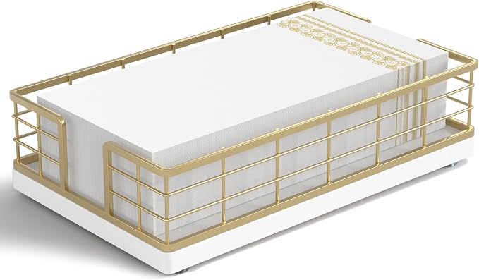 Wican Guest Towel Holder Tray for Bathroom, Oak and Iron Napkins Holder | Powder Room Dining Table Wooden Basket for Disposable Paper Hand Towels, Gold and White by Wican
