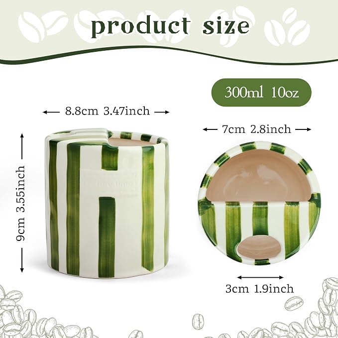 Cute Ceramic Espresso Coffee Mug with Sip Hole,10oz Novelty Retro Hand-Painted Porcelain Travel Cup,Green & White Striped Art Design,for Hot & Cold Drinks,Gift for Dad Iced Coffee Lover - Image 2