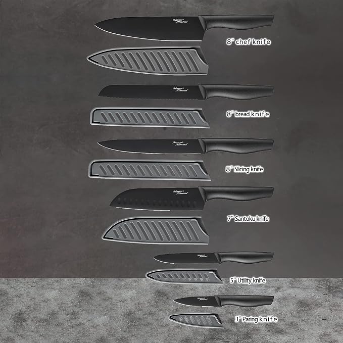 Marco Almond Kitchen Knife Set 12PC Kitchen Knives Set w Covers Black | 6 Knives with 6 Blade Guards, Stainless Steel Knives Set for Kitchen, Anti-Rust,Ergonomic Handle,Full Tang,Gift Box - Image 2