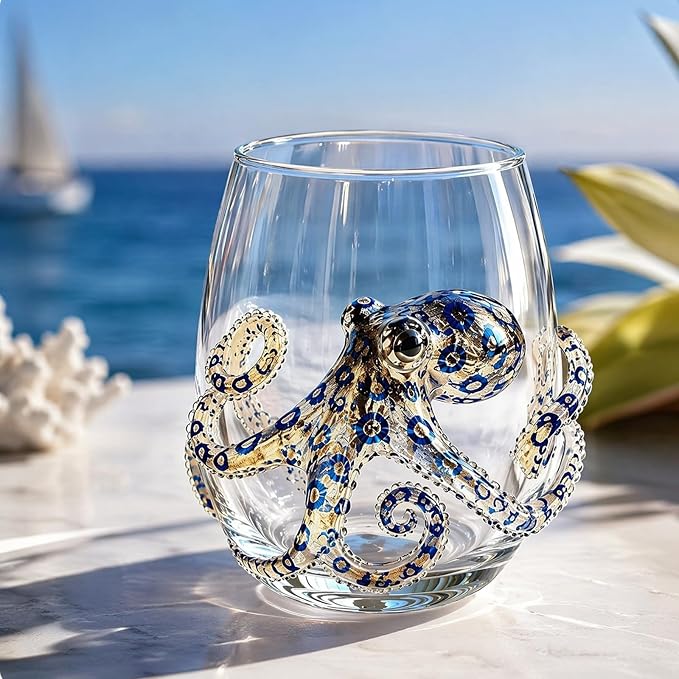 Ocean-Themed Blue Ringed Octopus Hand-Blown Glassware | Ocean-themed octopus glassware: hand-blown coastal stemless wine glasses for ocean lovers - Image 4