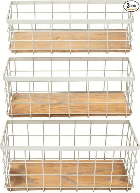 TIEYIPIN Farmhouse Decor Metal Wire Storage Baskets, Wood Base Containers Organizing Basket Caddy Bin for Kitchen Cabinets, Bathroom, Pantry, Garage, Laundry Room, Closets - Cream White (Set of 3) by TIEYIPIN