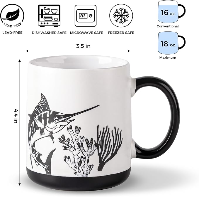 AmorArc Large Coffee Mugs Set of 6, 18oz Ceramic Coffee Cups with Sea Life Textured Patterns for Tea Latte Cocoa. Easy to Hold&Clean, Dishwasher&Microwave Safe, Matte - Image 3