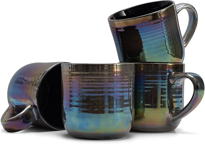 Elanze Designs Glossy Reactive Glaze Large 17 Fluid Ounce Everyday Kitchen Food Grade Ceramic Stoneware Coffee Mug Cup with Comfort Curved Handles, Set of 4, Black by ElanzeDesigns