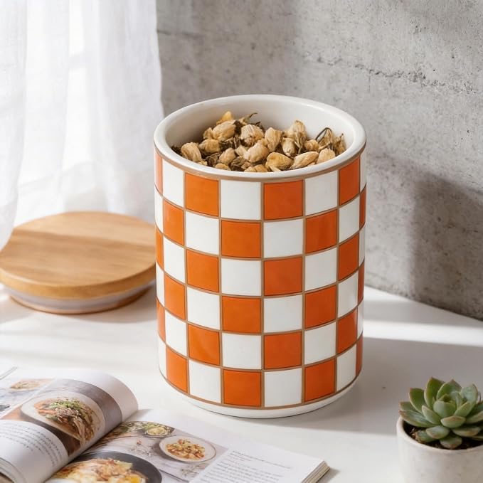 Kitchen Countertop Ceramic Checkered Canisters,Black And White Food Storage Containers With Lid,Airtight Kitchen Canisters for Flour, Sugar, Coffee, Tea, and Dry Goods (Orange, Small) - Image 2