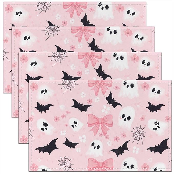 Feelyou Happy Halloween Placemats Set of 4 Cute Ghost Bow Table Mats for Party Kitchen Dining Decoration Holiday Seasonal Pink Black White Place Mat for Dinner Table Indoor Outdoor 18"x12" Non-Slip by Feelyou