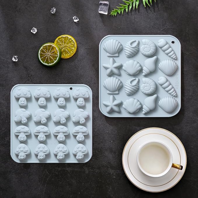32 Cavities Candy Chocolate Silicone Molds, Including Mushroom, Starfish, Seashells, Conch, 9 Unique Shape, Baking Mold for Making Birthday Cake, Cake Decoration, Jelly, Cupcake, Ice Cubes 2 Count