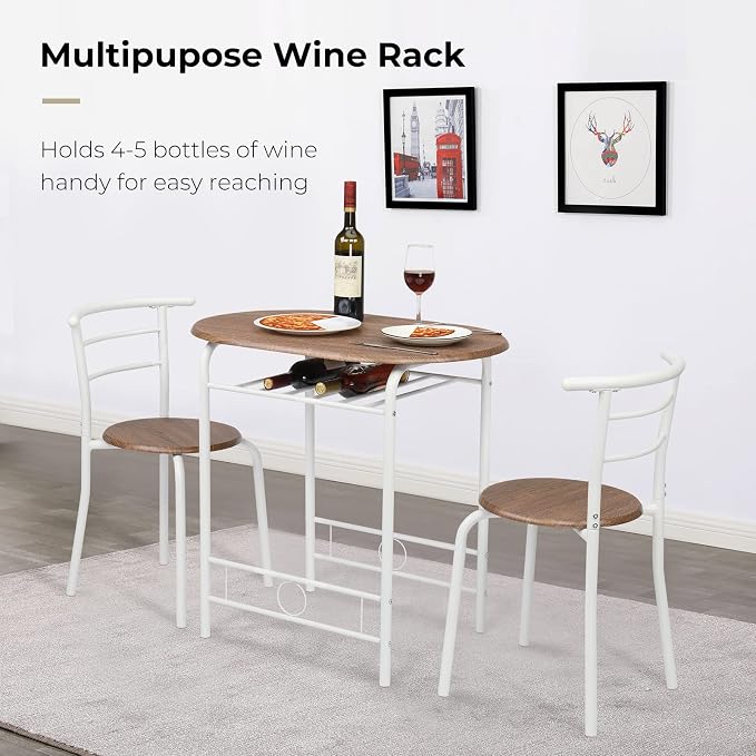 VINGLI 3 Piece Dining Set,Small Kitchen Table Set for 2,Breakfast Table Set,Kitchen Wooden Table and 2 Chairs for Small Space/Dining Room/Apartment,Metal Frame,Wine Rack,White&Warm Oak - Image 4