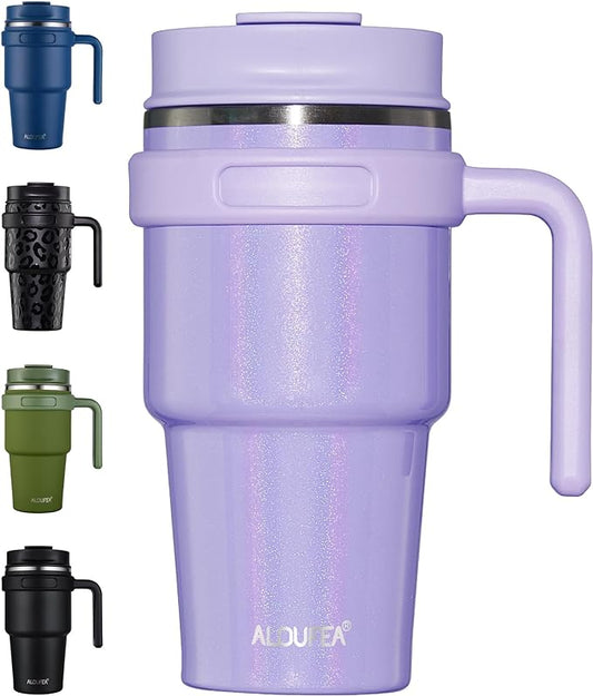 20 oz Insulated Travel Coffee Mug Tumbler with Handle and Straw | Leakproof Stainless Steel Coffee Cup with Lid, Double Wall Vacuum Ice Thermal Cup, Lavender Glitter by ALOUFEA