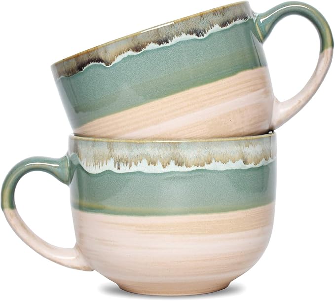 Bosmarlin Large Ceramic Coffee Mug Set of 2, Stoneware Jumbo Latte Mugs for Office and Home, 16 Oz, Dishwasher and Microwave Safe(Green, 2) by Bosmarlin