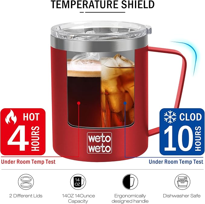 WETOWETO 14 oz Coffee Mug, Vacuum Insulated Camping Mug with Lid, Double Wall Stainless Steel Travel Tumbler Cup, Coffee Mugs Outdoor, Powder Coated Harvest Red - Image 4