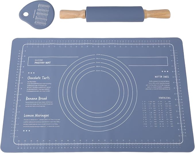 Keenso Silicone Pastry Mat Rolling Pin Set with Measurements for Baking Pizza Pies Bread Blue 3 Pieces by Keenso