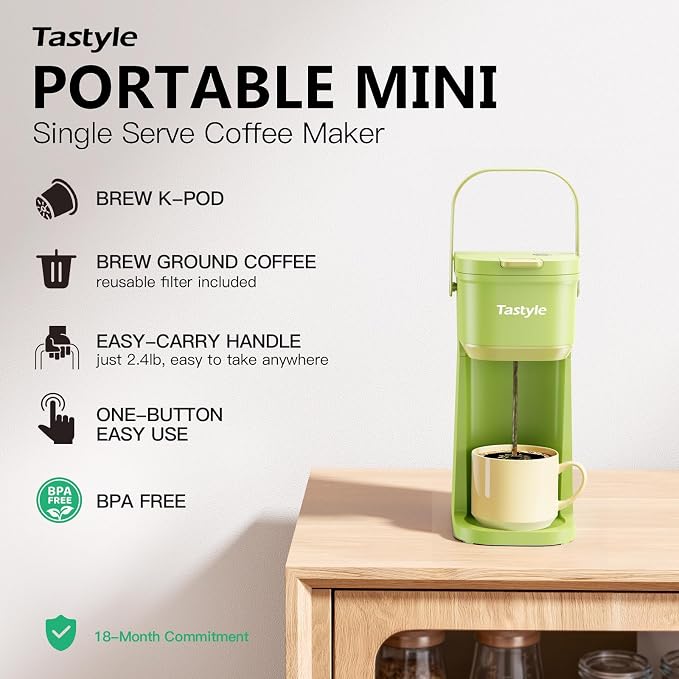 Tastyle Mini Single Serve Coffee Maker for K Cups and Grounds with Handle | for Travel, Camping, Office, RV and Dorm, Portable Handle, 120V, 6 to 12 Oz Brew Size, BPA Free, K302, Lime Green - Image 2