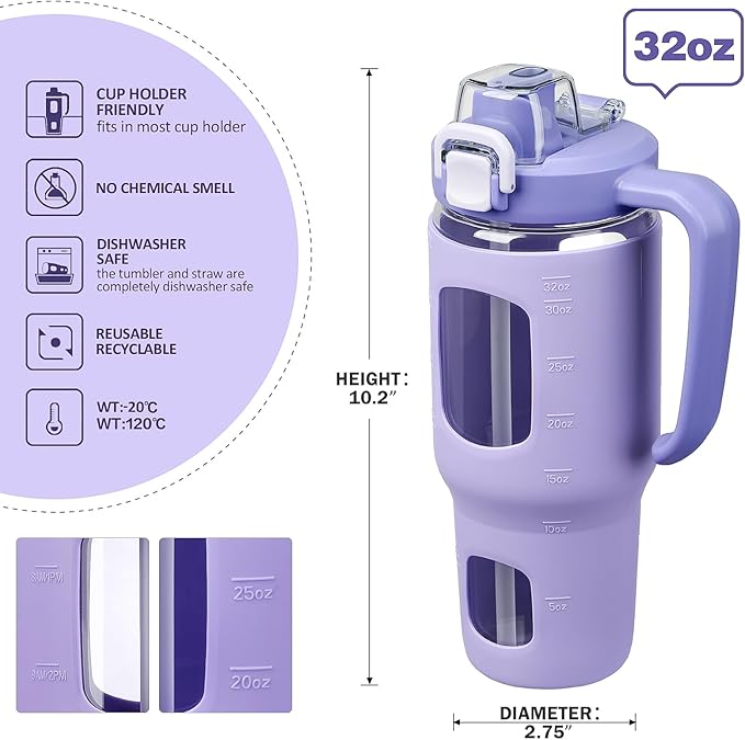 32oz Glass Tumbler with Straw Handle and 2-IN-1 Sip & Spout Lid, Reusable Iced Coffee Cup for Smoothie, Matcha, Leakproof Glass Water Bottle with Straw and Silicone Sleeve, BPA Free-Purple