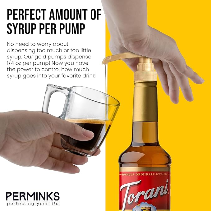 Premium Syrup Pump Compatible with Torani 750 ml Bottle, Davinci Syrups - No Spill, No Clog Syrup Pump Dispenser for Vanilla, Snow Cone, Blueberry, Coffee Flavoring & More (Pack of 12, Gold)