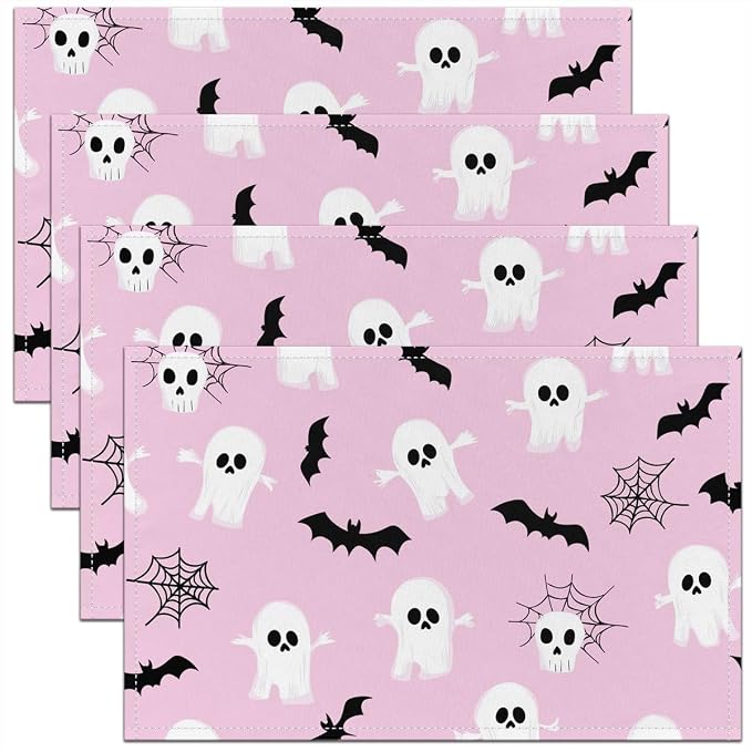 Feelyou Happy Halloween Placemats Set of 4 Cute Ghost Table Mats Pink and White Place Mat for Kitchen Dining Table Party Decor Indoor Outdoor 18"x12" Non-Slip Easy to Clean Bats Cobweb by Feelyou