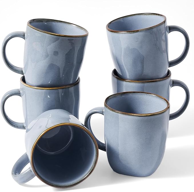 famiware Coffee Mugs Set of 6, Ocean Square 13oz Coffee Cup Set with Handle for Cocoa, Milk, Hot Chocolate, Tea, Water, Stoneware Cups for Kitchen, Microwave and Dishwasher Safe, Blue by Famiware