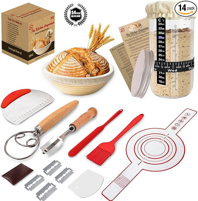 Emporium sourdough starter kit silicone banneton | Feat. 9'' Round Sourdough bread baking supplies,24oz sourdough starter jar & 14pcs banneton bread proofing basket set |Best starter kit for beginners
