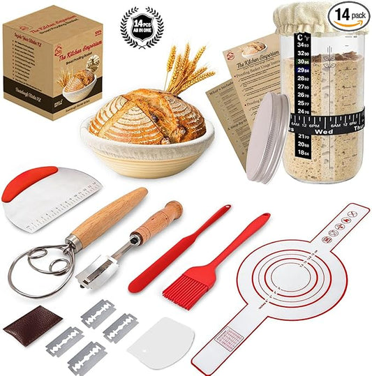 Emporium sourdough starter kit silicone banneton | Feat. 9'' Round Sourdough bread baking supplies,24oz sourdough starter jar & 14pcs banneton bread proofing basket set |Best starter kit for beginners