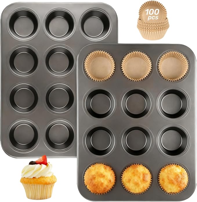 Artcochan 2 Pack Muffin Pan with 100 Cupcake Liners, 12 Cup Nonstick Cupcake Pan for Baking, Carbon Steel Baking Supplies Muffin Tin by Artcochan