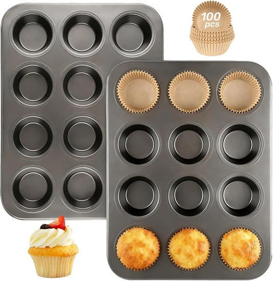 Artcochan 2 Pack Muffin Pan with 100 Cupcake Liners, 12 Cup Nonstick Cupcake Pan for Baking, Carbon Steel Baking Supplies Muffin Tin by Artcochan