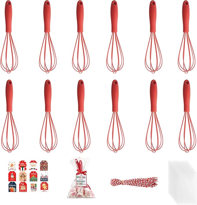 12 Sets Christmas Mini Whisks Gift Set, Fillable Xmas Tree Ornaments, Heat Resistant Silicone Whisks for Cooking & Baking, Holiday Egg Beaters with Cards, Ropes and Bags for Candy Holders (Red)