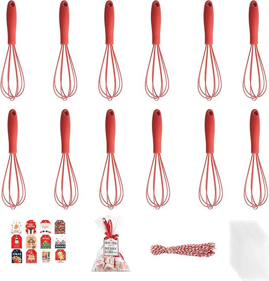 12 Sets Christmas Mini Whisks Gift Set, Fillable Xmas Tree Ornaments, Heat Resistant Silicone Whisks for Cooking & Baking, Holiday Egg Beaters with Cards, Ropes and Bags for Candy Holders (Red)