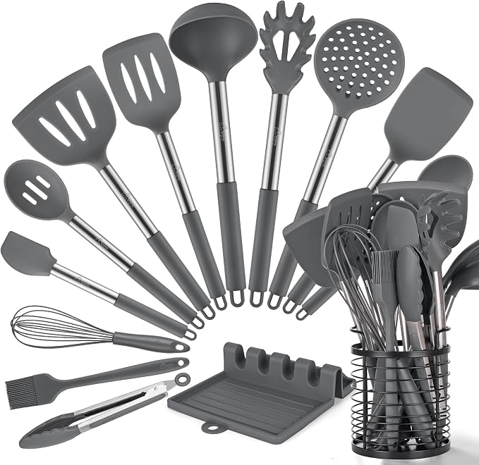 HOTEC 446°F Heat Resistant Silicone Kitchen Utensils, Cooking Utensil Set, Spatula Set, BPA Free, Kitchen Gadgets, with Stainless Steel Utensils Holder, Dishwasher Safe, 14pcs Grey by Hotec