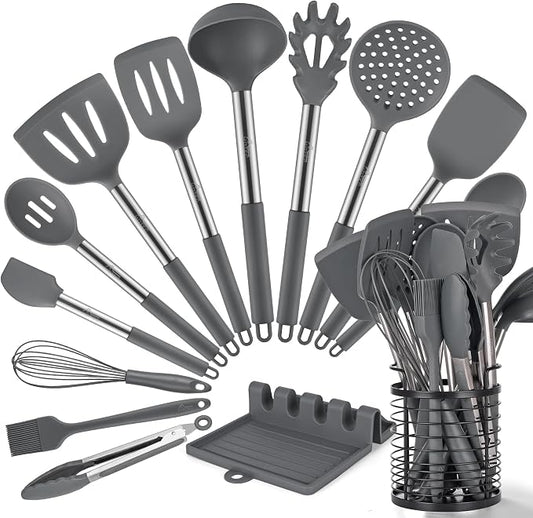 HOTEC 446°F Heat Resistant Silicone Kitchen Utensils, Cooking Utensil Set, Spatula Set, BPA Free, Kitchen Gadgets, with Stainless Steel Utensils Holder, Dishwasher Safe, 14pcs Grey by Hotec
