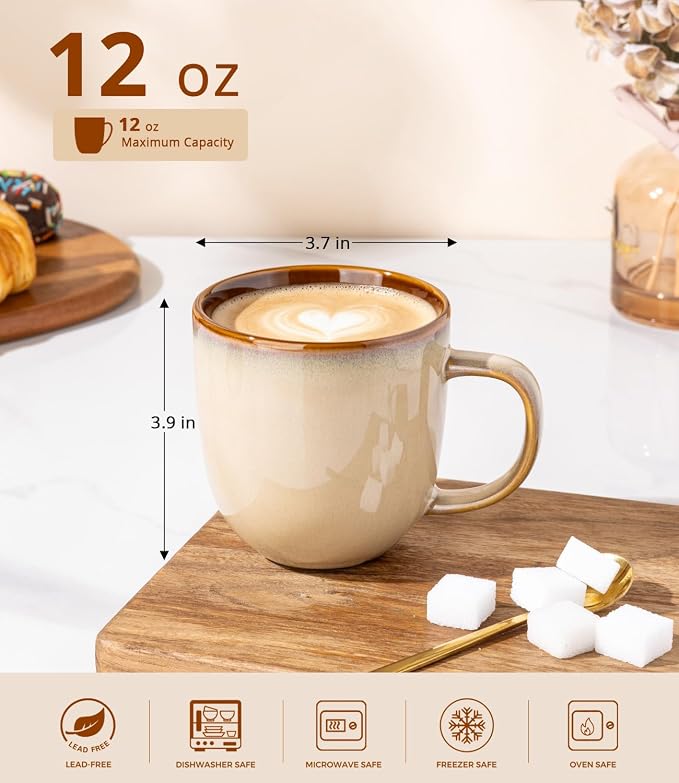 LERATIO Ceramic Coffee Mugs Set of 6,12oz Handmade Coffee Mugs Set with Large Handle for Cappuccino/Latte/Tea/Hot Cocoa, Dishwasher & Microwave Safe-Pale Kahki - Image 2