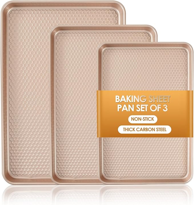 Baking Sheet Pan Set of 3, Nonstick Carbon Steel Cookie Sheets with Texture | Commercial Half/Quarter/Jelly Roll Pans Replacement Toaster Oven Tray, Heavy Duty & Easy Clean by Deedro