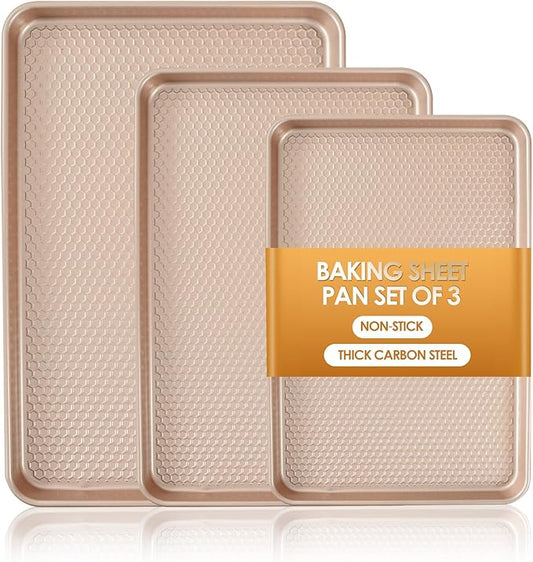 Baking Sheet Pan Set of 3, Nonstick Carbon Steel Cookie Sheets with Texture | Commercial Half/Quarter/Jelly Roll Pans Replacement Toaster Oven Tray, Heavy Duty & Easy Clean by Deedro