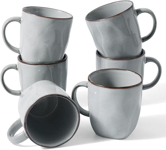 famiware Coffee Mugs Set of 6, Ocean Square 13oz Coffee Cup Set with Handle for Cocoa, Milk, Hot Chocolate, Tea, Water, Stoneware Cups for Kitchen, Microwave and Dishwasher Safe, Grey by Famiware