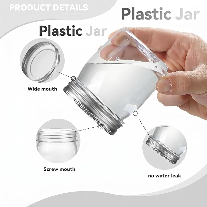 novelinks 8 oz Plastic Mason Jars and Clear Plastic Jars with Lids 8 oz | 16 Pack, Silver, Plastic Containers with Lids, Small Mason Jars, Clear Jars Bulk, Spice Jars, Slime Jars, Mini Jars - Image 3