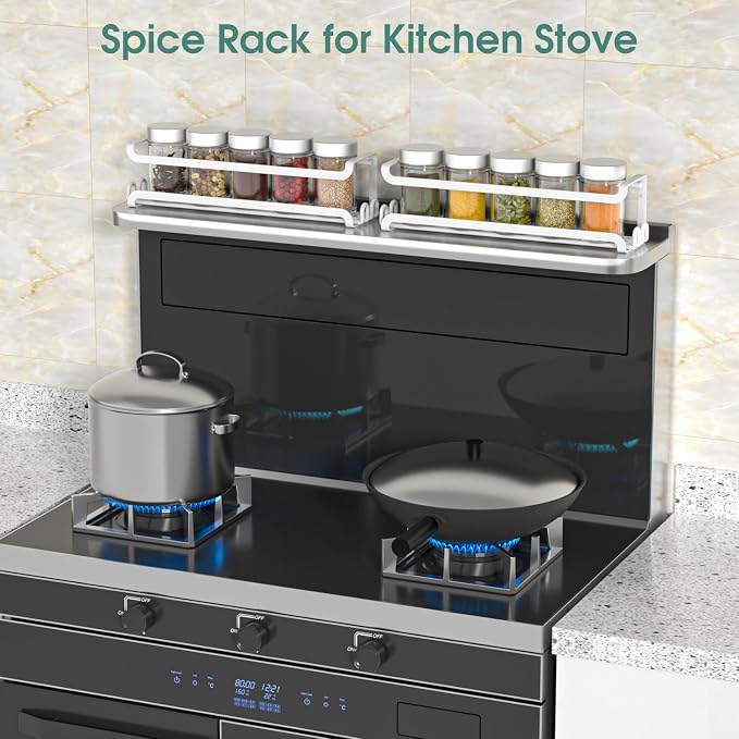 LUCYCAZ 2 Pack Wall Mounted Spice Rack for Spice Jars & Seasonings (White) | 8 Metal Hooks, Space-Saving,Screw or Adhesive Spice Shelf Hanging,for Kitchen Cabinet,Pantry Door,RV,Camper Spice Orgnaizer - Image 9