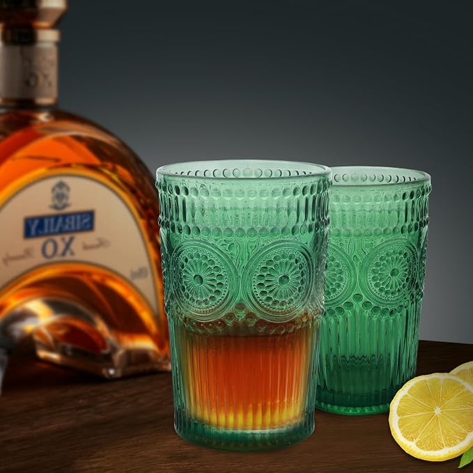 Loivttvv 6pcs Vintage Drinking Glasses Set, 12 oz Dark Green Highball Glasses, Embossed Ribbed Glassware Cups for Cocktail, Water, Juice, Coffee, Whiskey - Image 7