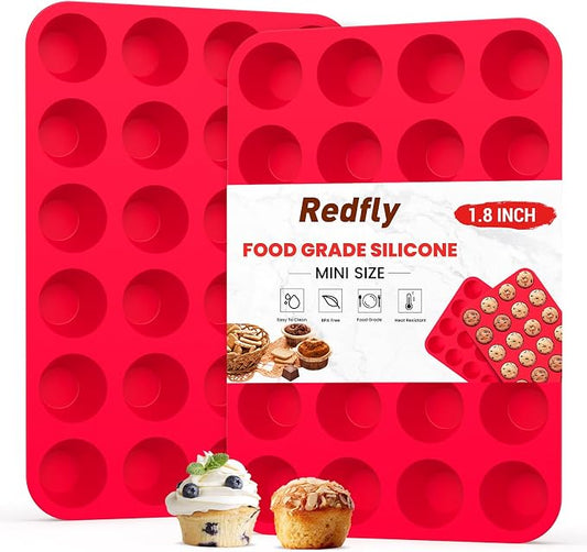 Redfly 2 Pack Silicone Mini Muffin Pan & Cupcake Pans for Baking - 24 Cup Mini Size BPA Free Egg Bites Molds by Redfly