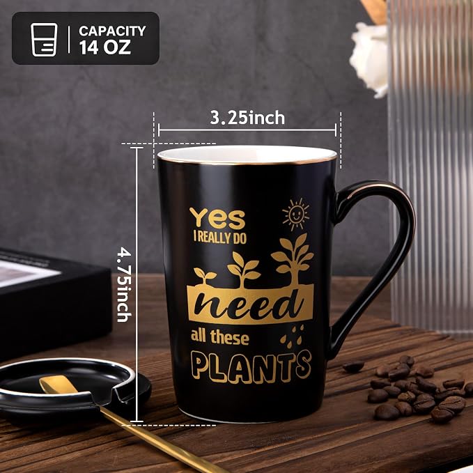 Biching Gardening Gifts for Women Men - Cool Plant Lover Gifts Coffee Mug | Garden Gifts for Gardeners, Plant Lady, Mom, Dad, Son - 14oz Black Ceramic Mug with Gold Print Lid Spoon Card Luxury Gift Box - Image 3