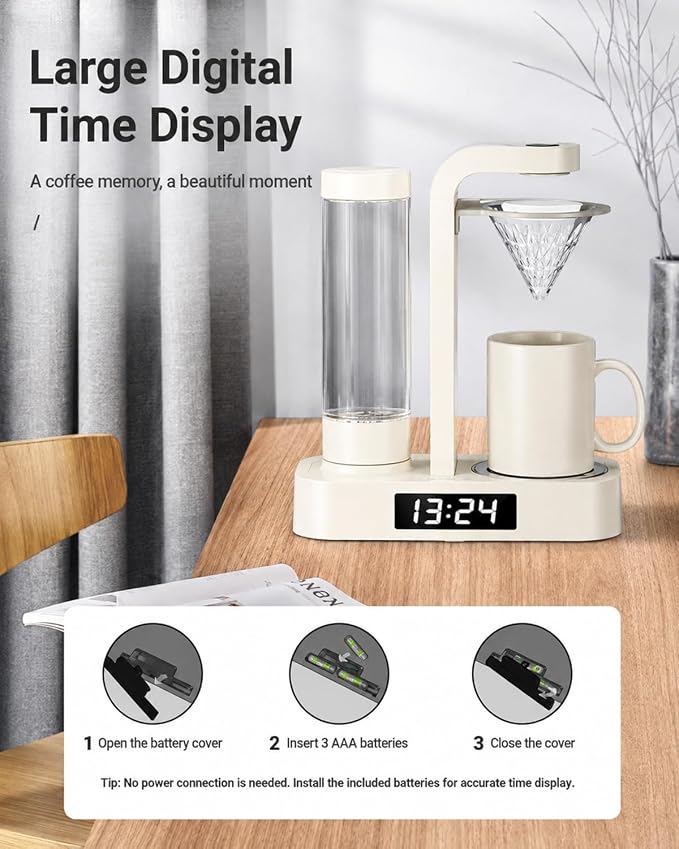 Coffee Alarm Clock Maker Bedside Dual Mode Extractor 500ml Glass Water Tank | Removable Filter Hot Water Dispenser Brewer Timer Brewed Delay Drip Pot Tea Filter Paper Ceramic Cup - Image 9