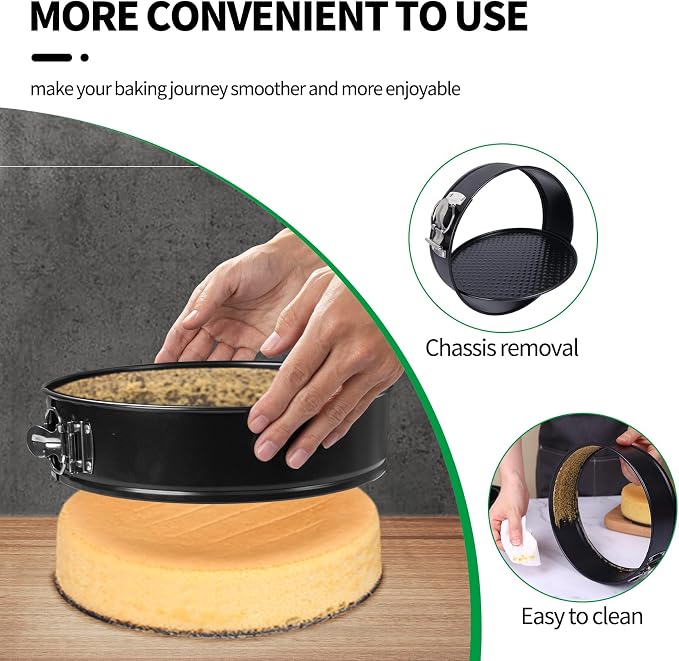 Springform Cheesecake Pan Set, 4/7/9 Inch, Removable Bottoms | 3 nonstick carbon steel pans with spring locks, removable bottoms, 50 liners, silicone spatula and pastry brush for baking - Image 3