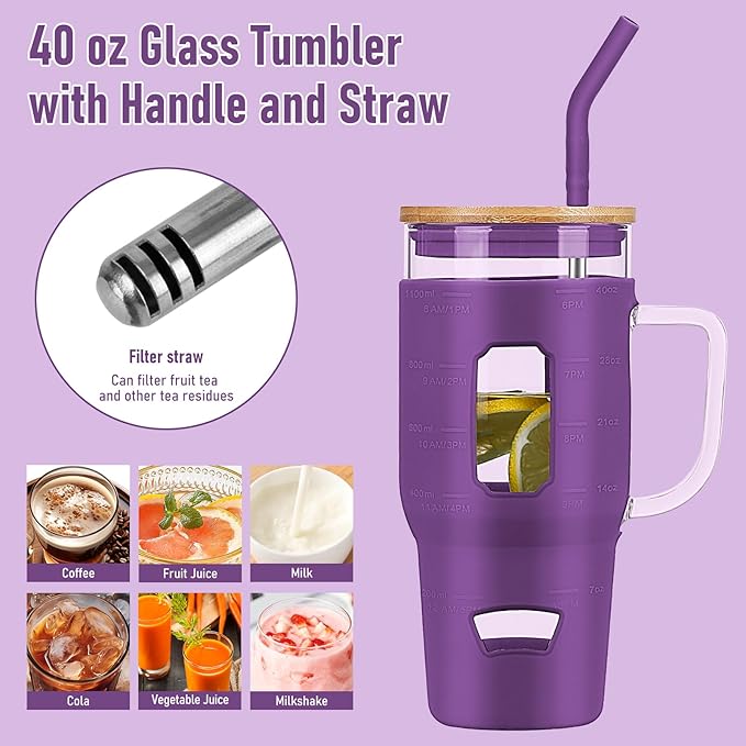 Glass Cups with Lids and Straws - 40 oz Tumbler with Handle - 16 oz Reusable Water with Bamboo Lid, Stainless Steel Straw, Silicone Sleeve for Coffee, Smoothi, Hot, Cold Drinks (2 Count)