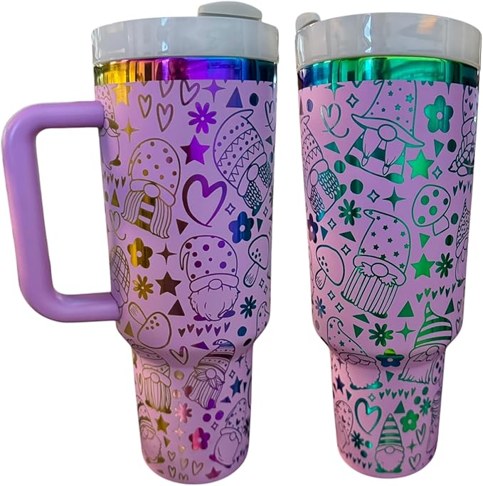Western Engraved 40oz Tumbler, Tumbler with handle, Cowgirl Tumbler, Country Mug with Handle (Purple/Rainbow(27)-Gnomes(Y))