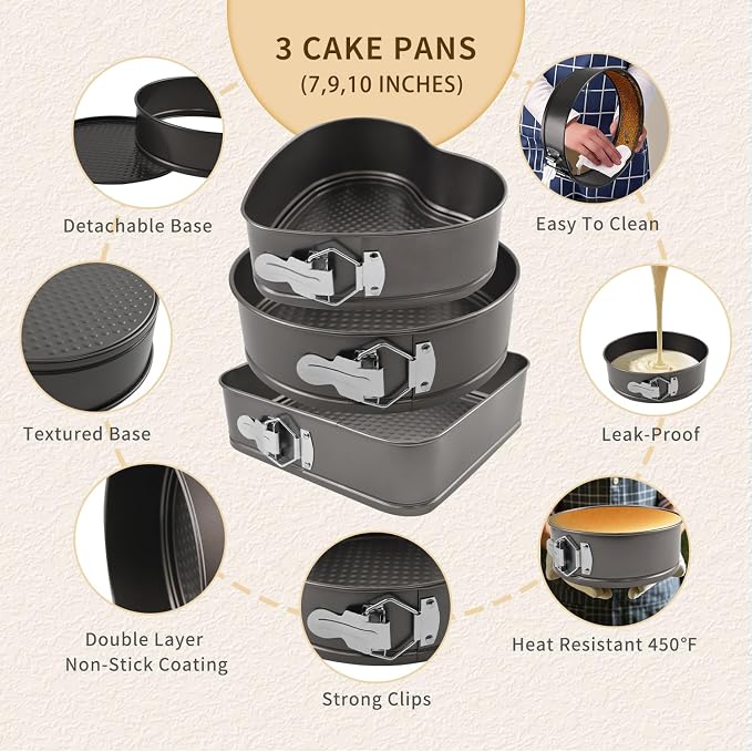 Springform Cake Pans Set 8, 9,10 Inch Heart Pan Round Cake Pan Square Baking Nonstick Cheesecake Pans Springform Pans with 100 Pcs Piping Bags, 16 Pcs Nozzles, 3 Pcs Scrappers - Image 4