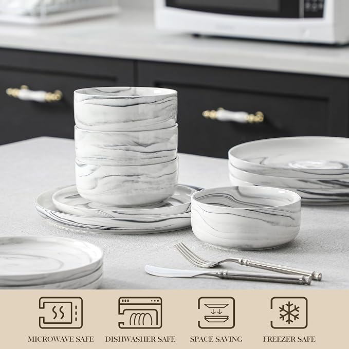 MALACASA 12 Pcs Porcelain Plates and Bowls Sets,Dinnerware Set for 4,Grey | Modern Ceramic Dishware Set,Kitchen Dining Ware,Microwave and Dishwasher Safe,Unique Marble Grey Design,Series LUNA - Image 4
