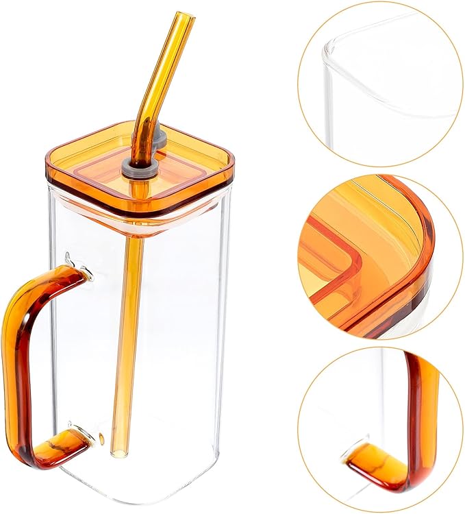 Glass Drinking Cup with Amber Handle High Borosilicate Glass Tumbler with PP Lid and Straw Reusable Cold Beverage Cup for Juice Coffee Milk and Outdoor Use